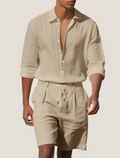 Beige men linen shirt and shorts set with rolled sleeves and drawstring shorts