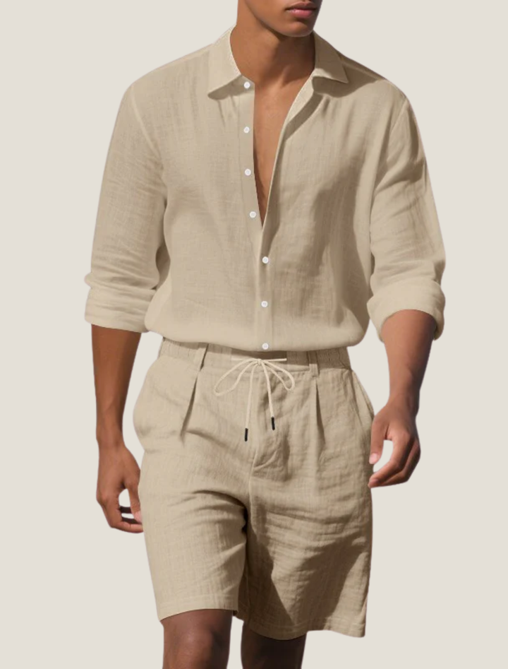Beige men linen shirt and shorts set with rolled sleeves and drawstring shorts