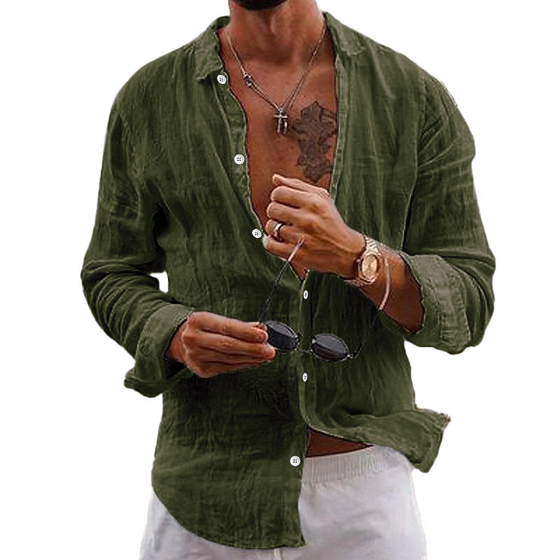 Green men's linen shirt long sleeve button up, open front casual summer shirt