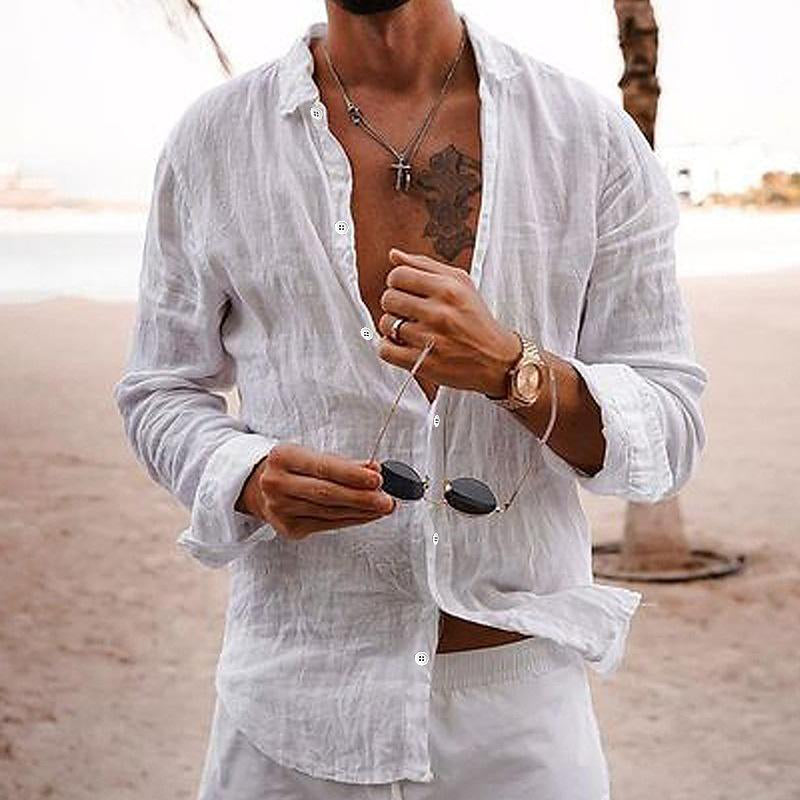 White men's linen shirt long sleeve button up, open collar beach style with white pants