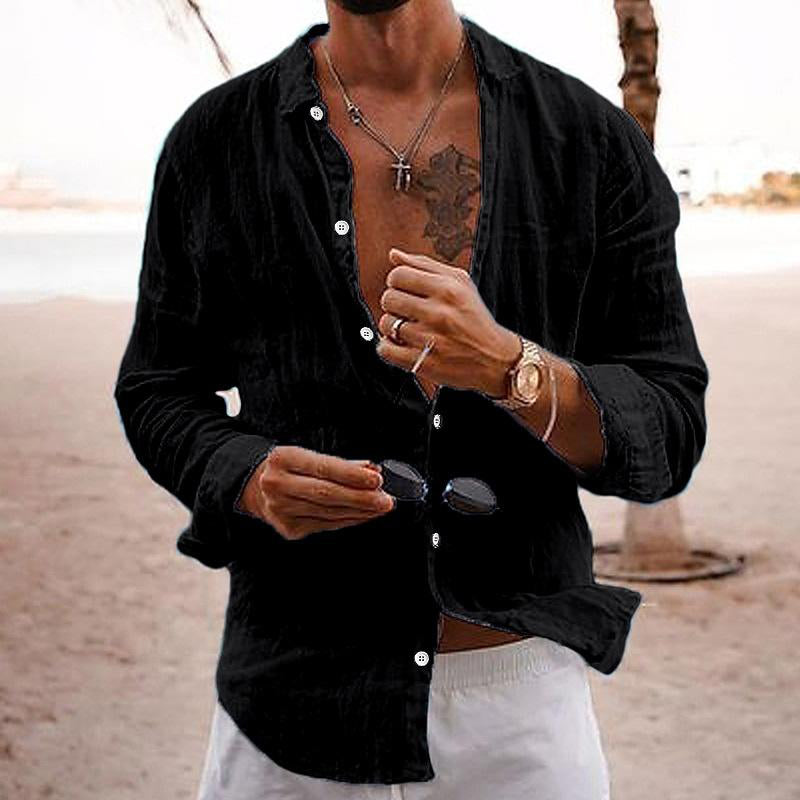 Black long sleeve linen shirt for men, casual button up style with open neckline