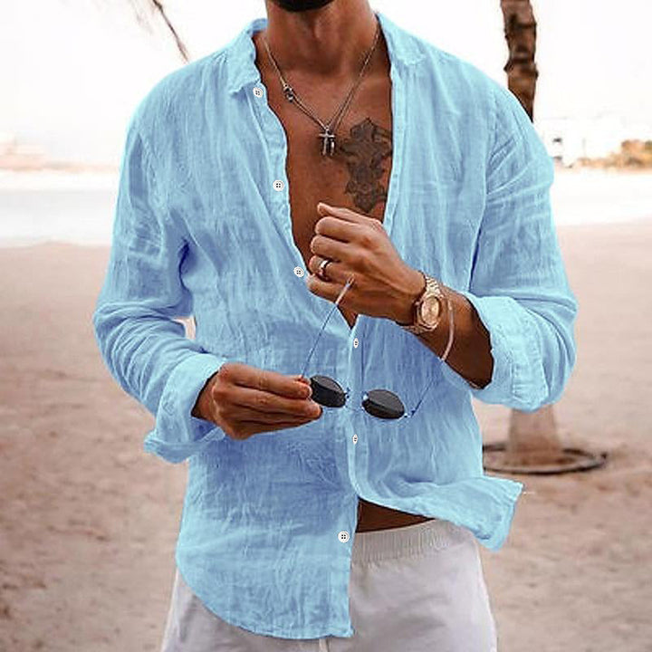 Light blue men's linen shirt long sleeve button up, relaxed fit with open front
