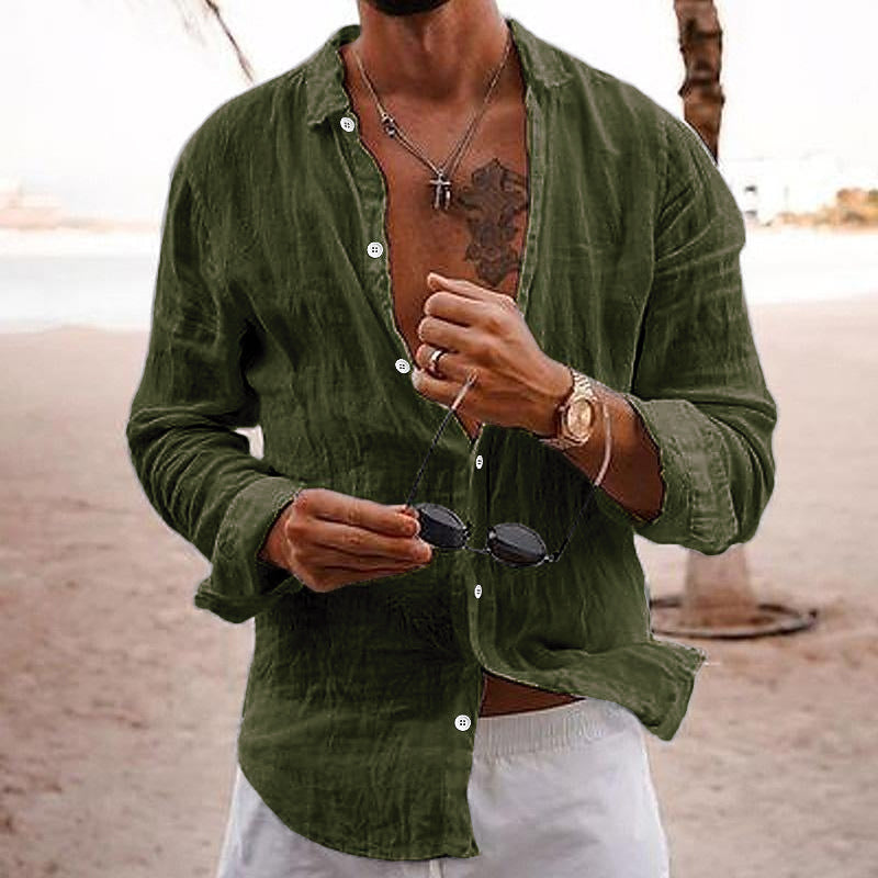 Olive green long sleeve linen shirt, casual button up men's shirt with open chest