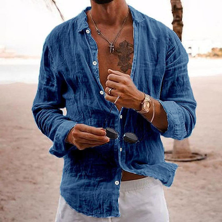 Dark blue men's linen shirt long sleeve button up, lightweight casual beach shirt