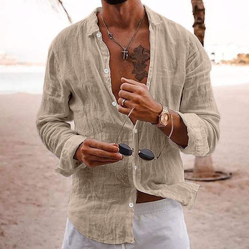 Beige long sleeve linen shirt for men, button up casual shirt with open collar
