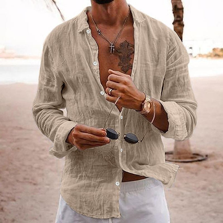 Beige long sleeve linen shirt for men, button up casual shirt with open collar