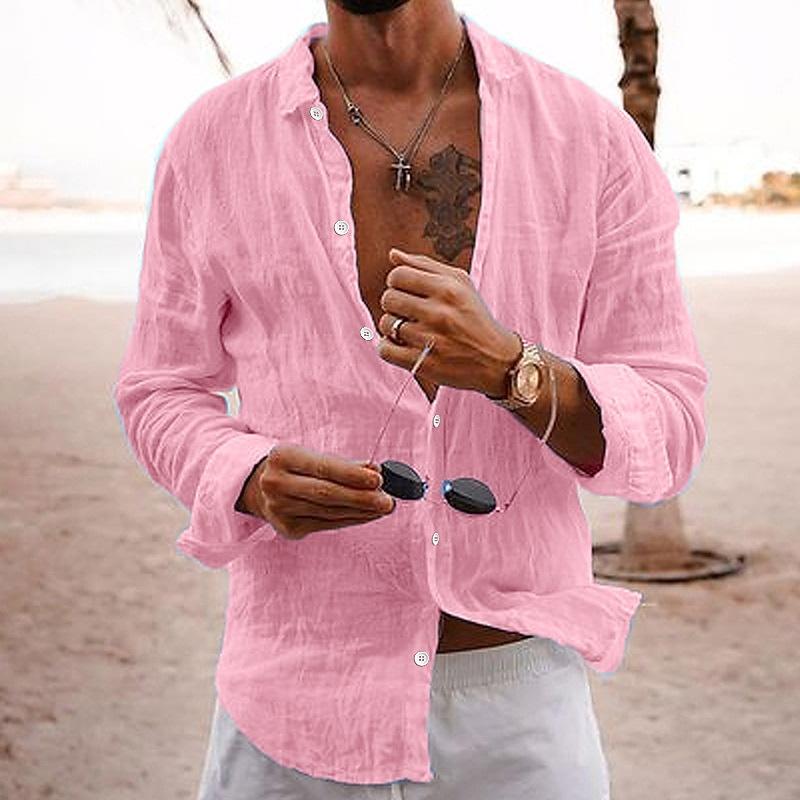 Pink men's linen shirt long sleeve button up, airy casual shirt with relaxed fit