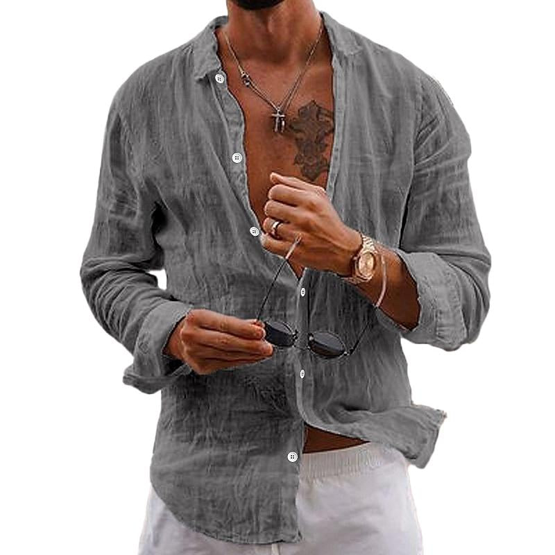 Gray long sleeve linen shirt with button up front, worn open over white pants