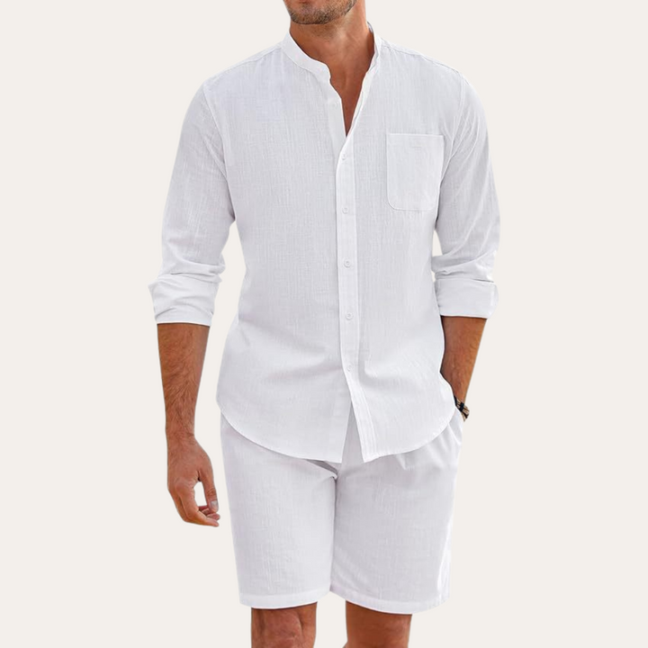 White linen shirt shorts set with mandarin collar, long sleeves, and relaxed beach shorts