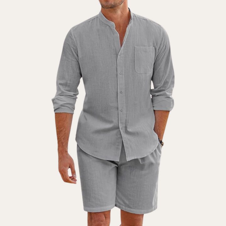Gray linen shirt shorts set with long sleeve collarless shirt and knee-length beach shorts
