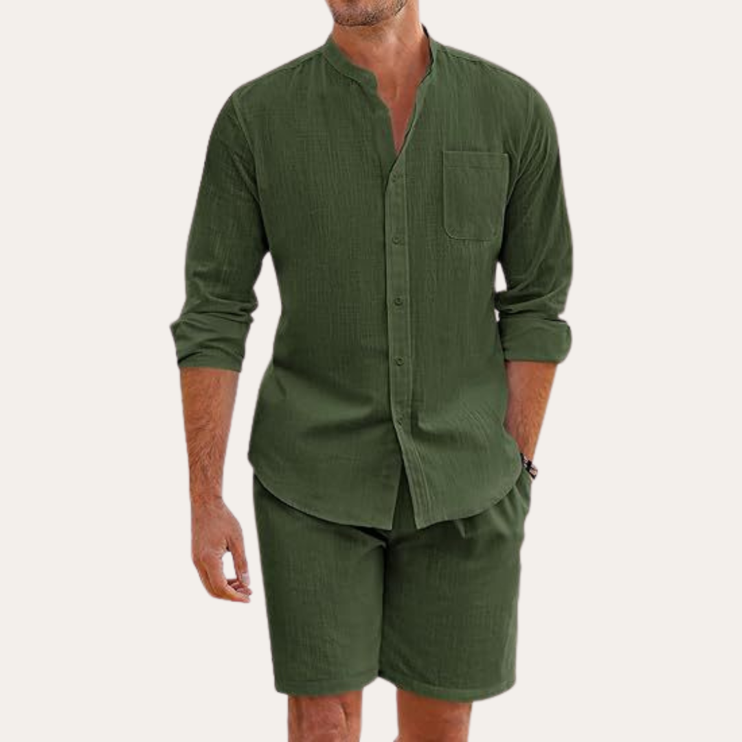 Olive green linen shirt shorts set with rolled sleeves and matching casual summer shorts