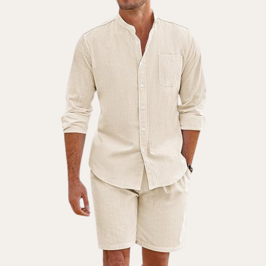 Beige linen shirt shorts set with long sleeve beach shirt and matching lightweight shorts