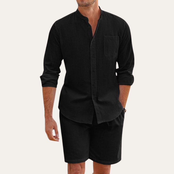 Black linen shirt shorts set with long sleeve button-up top and matching beach shorts