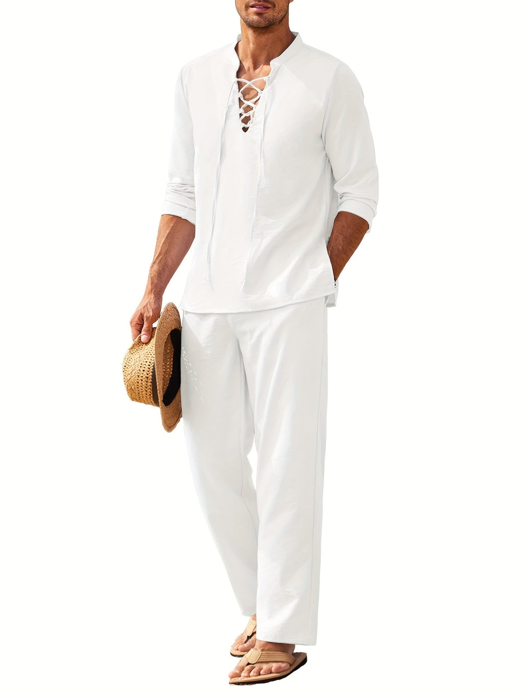 White long sleeve V-neck matching set pants with lace-up shirt, front view on studio background