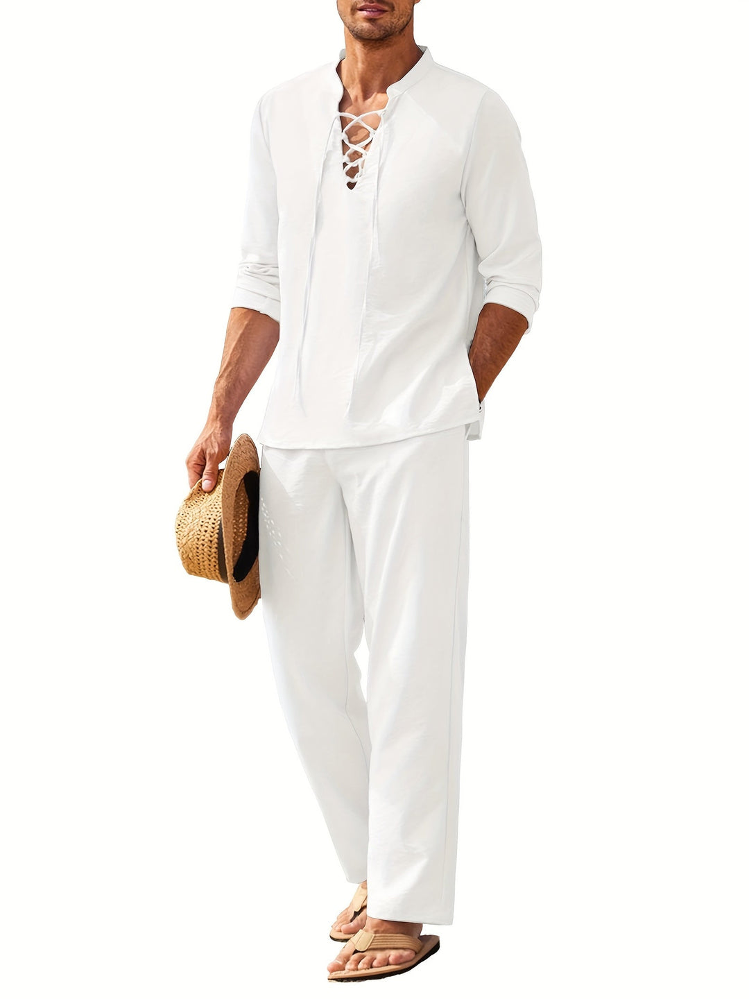 White long sleeve V-neck matching set pants with lace-up shirt, front view on studio background