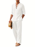 White long sleeve V-neck matching set pants with lace-up shirt, front view on studio background