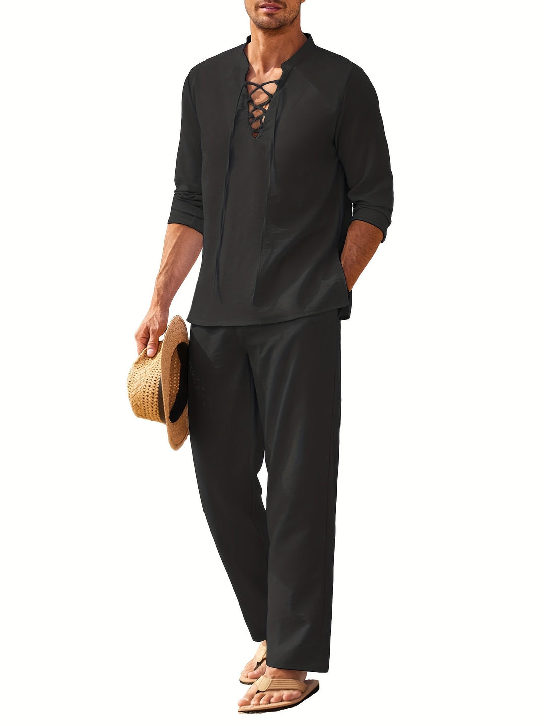 Black long sleeve V-neck lace-up shirt with matching pants set, front view on white background