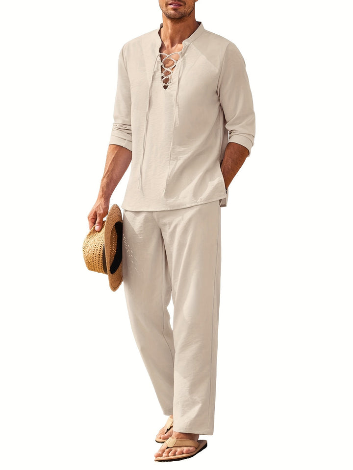 Light beige long sleeve V-neck lace-up shirt and matching pants set, front view on white background
