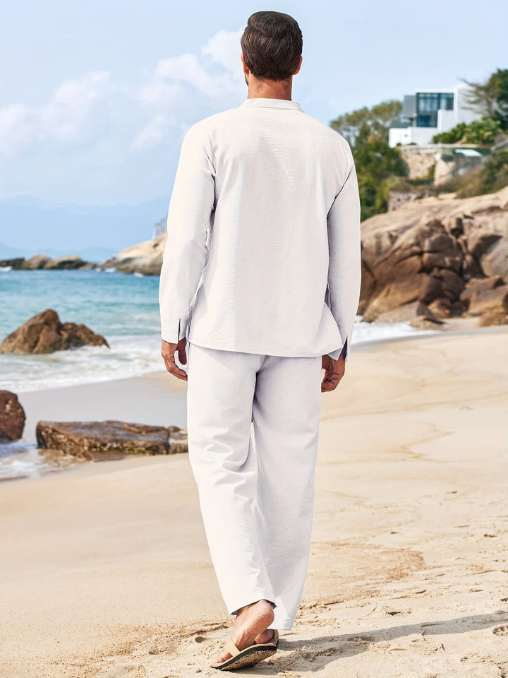 Back view of light beige long sleeve top and matching pants set, relaxed fit on beach