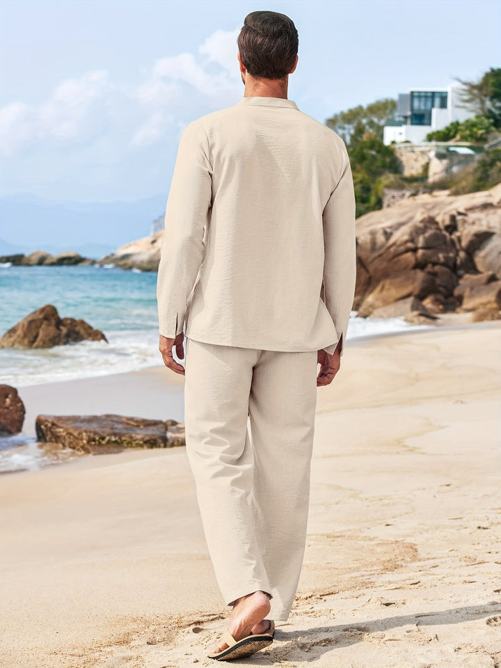 Back view of tan long sleeve top and matching pants set, lightweight summer outfit on beach