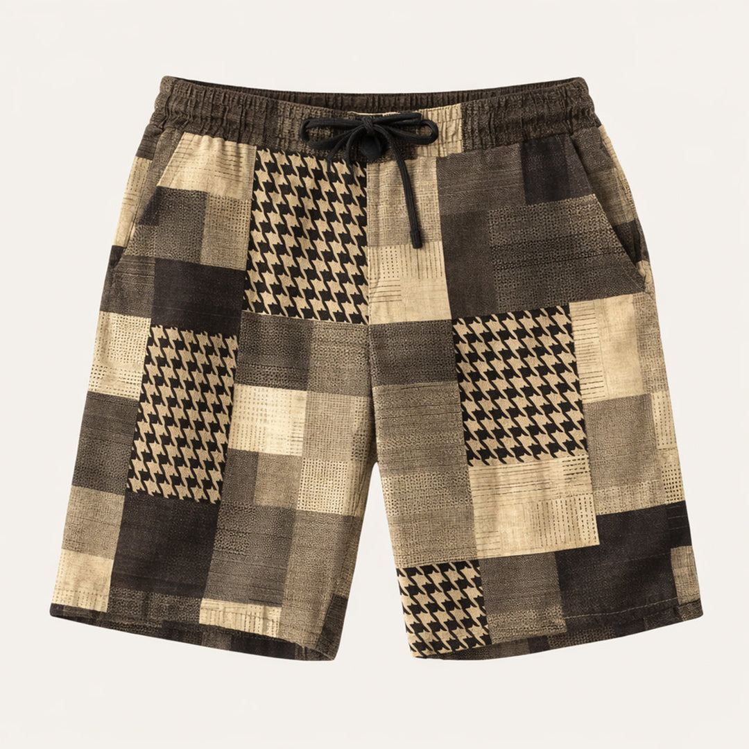 Brown patchwork summer drawstring shorts with beige and houndstooth panel details