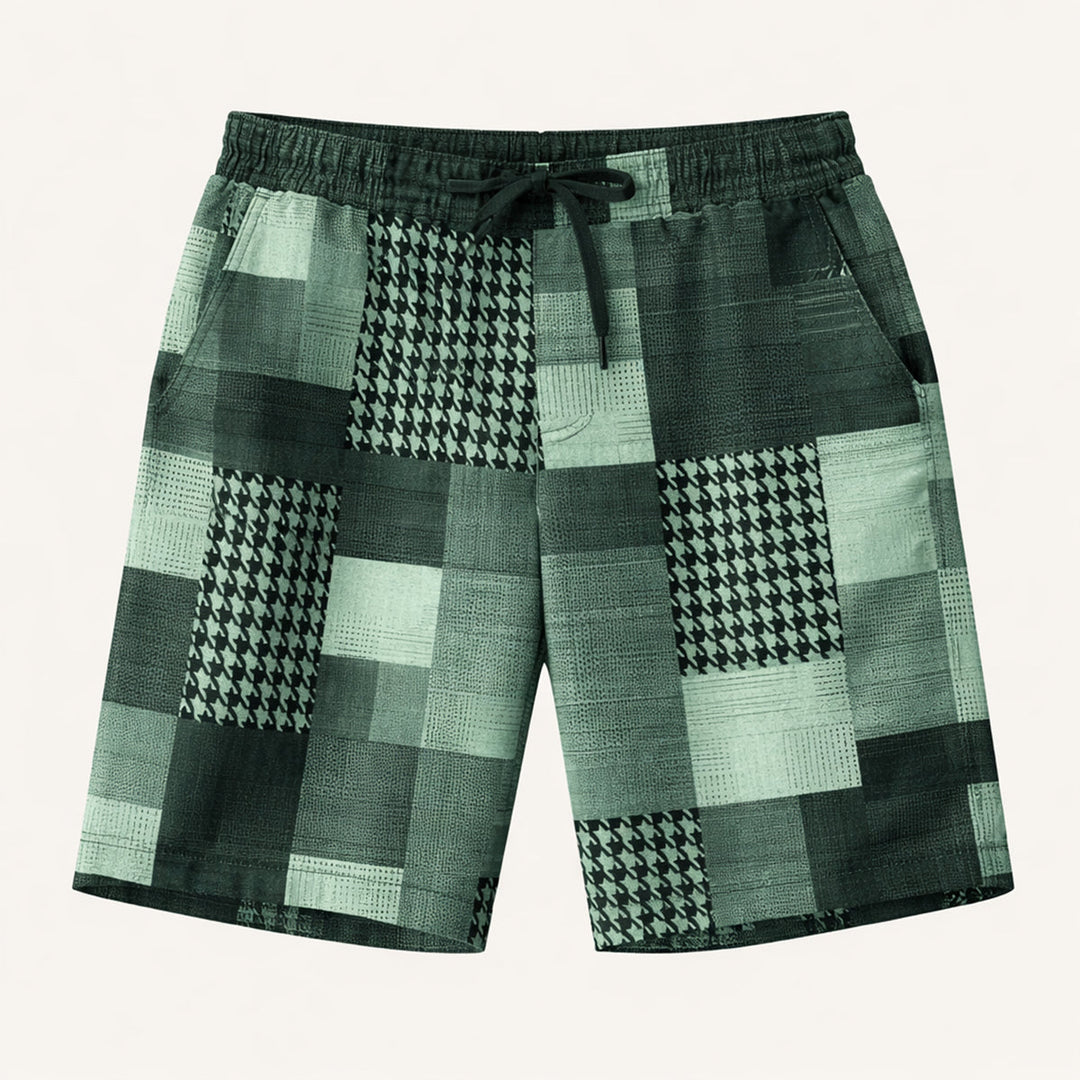 Model wearing brown patchwork summer shorts with relaxed fit and side pockets