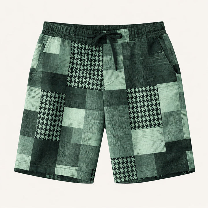 Model wearing brown patchwork summer shorts with relaxed fit and side pockets