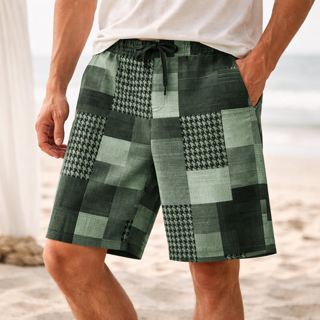 Green patchwork summer drawstring shorts with mixed square panels and houndstooth accents
