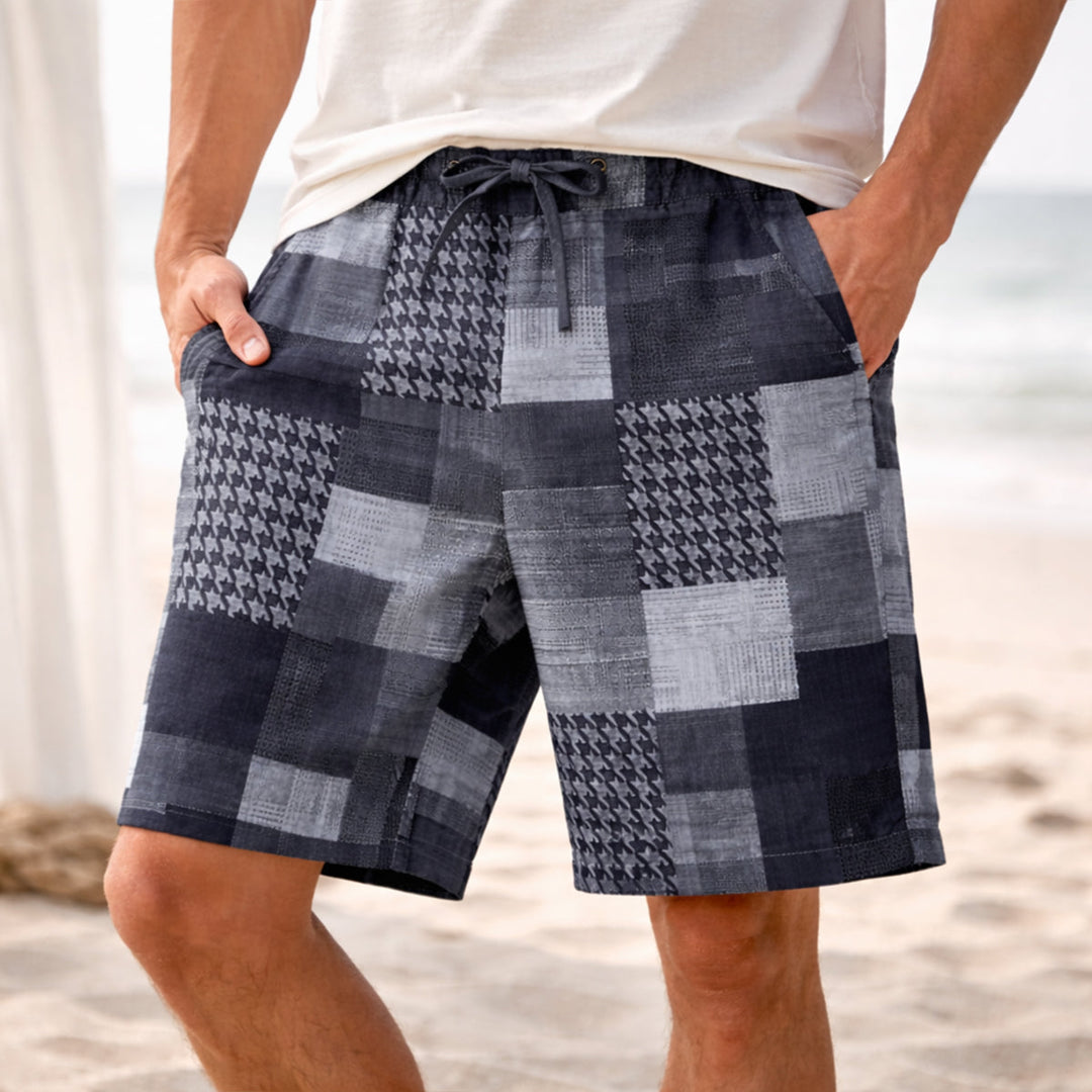 Navy patchwork summer drawstring shorts with gray blocks and houndstooth pattern