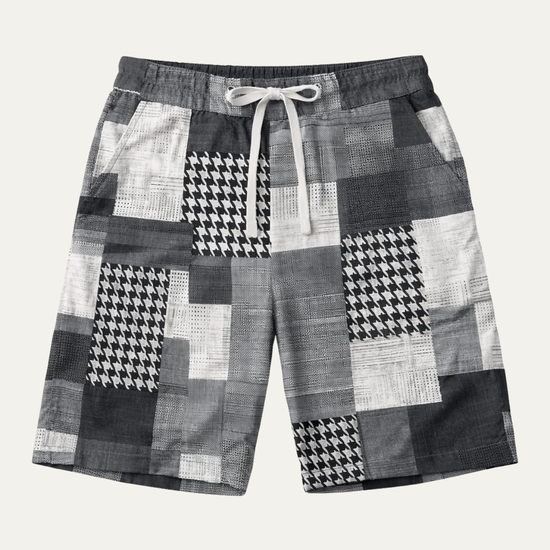Black and white patchwork summer drawstring shorts with mixed houndstooth blocks
