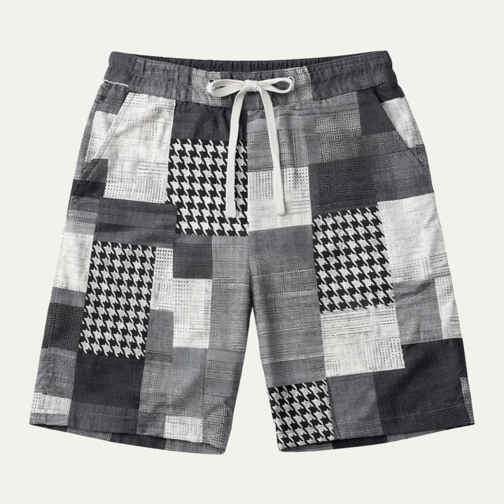 Black and white patchwork summer drawstring shorts with mixed houndstooth blocks