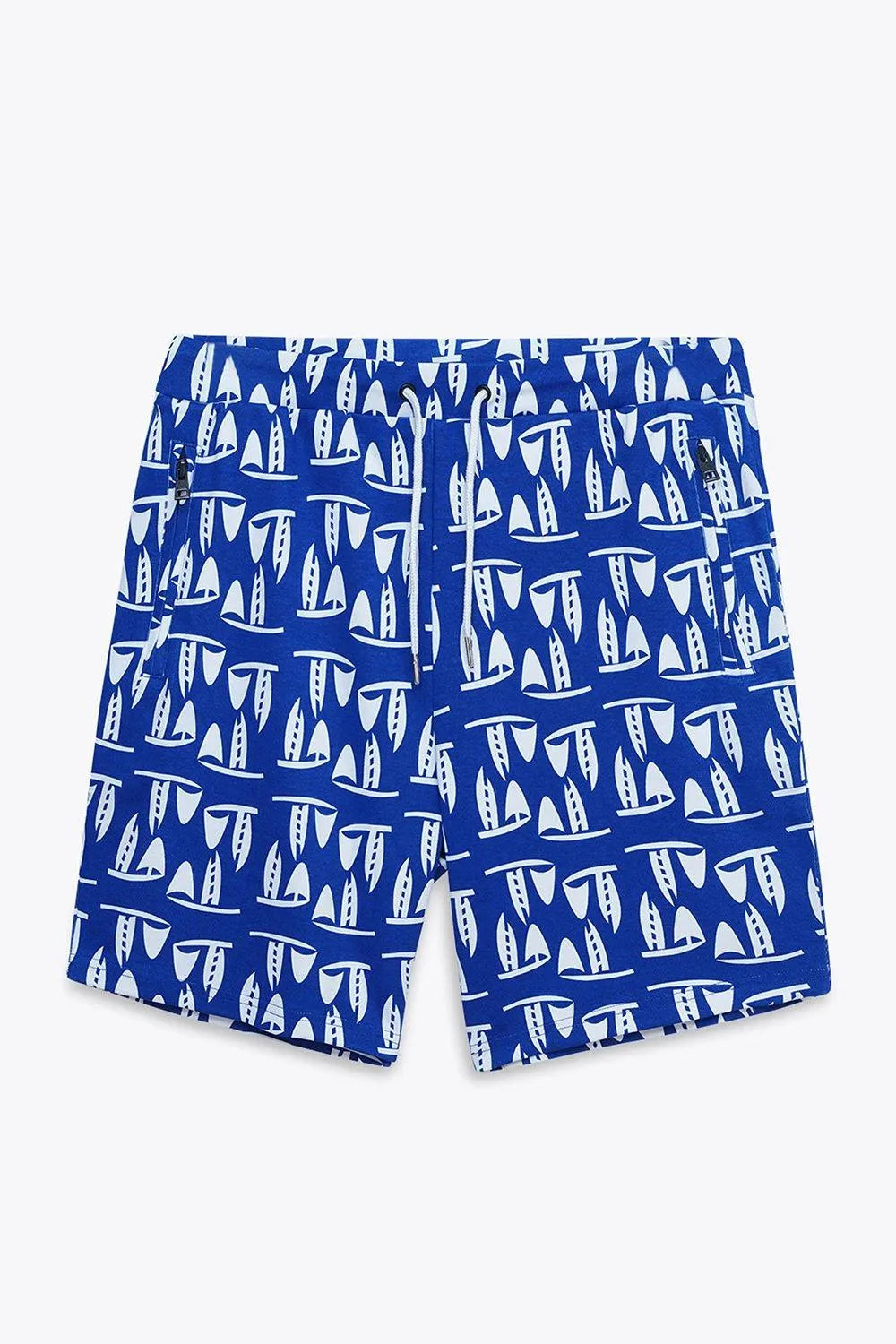 Blue printed mens casual shorts with drawstring waist and two zipper pockets, laid flat