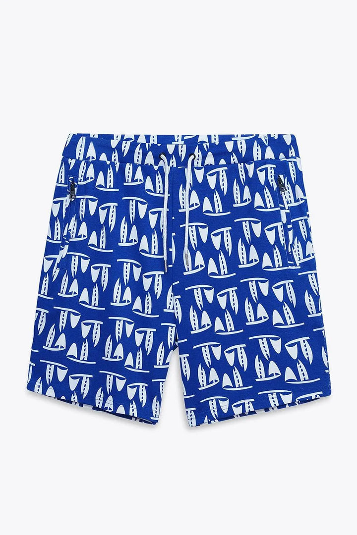 Blue printed mens casual shorts with drawstring waist and two zipper pockets, laid flat