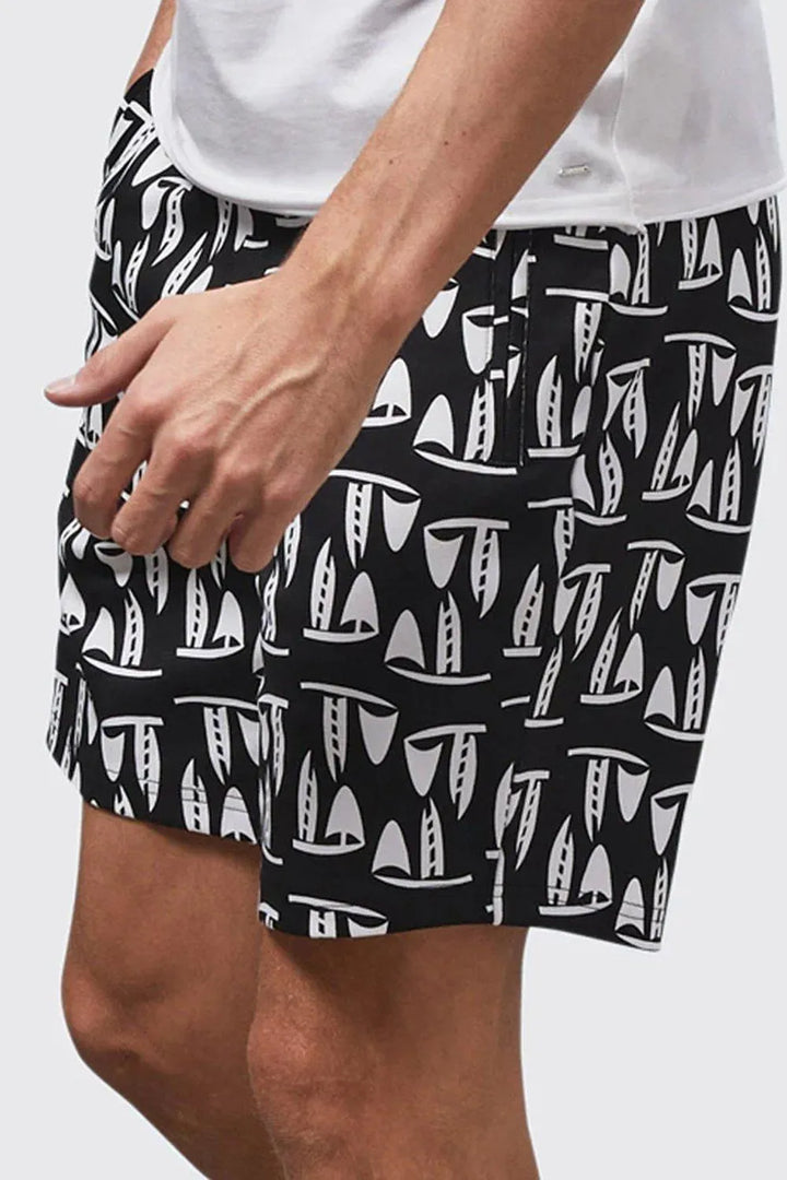 Black printed mens casual shorts with sailboat pattern and side zipper pocket detail