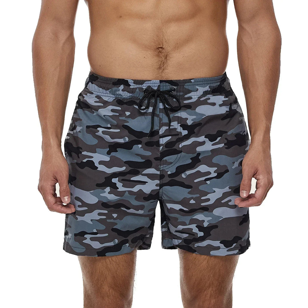 Gray camo printed men swim shorts with pockets and black drawstring waist, front closeup