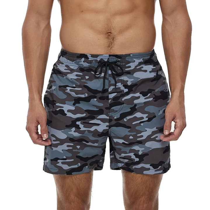Gray camo printed men swim shorts with pockets and black drawstring waist, front closeup