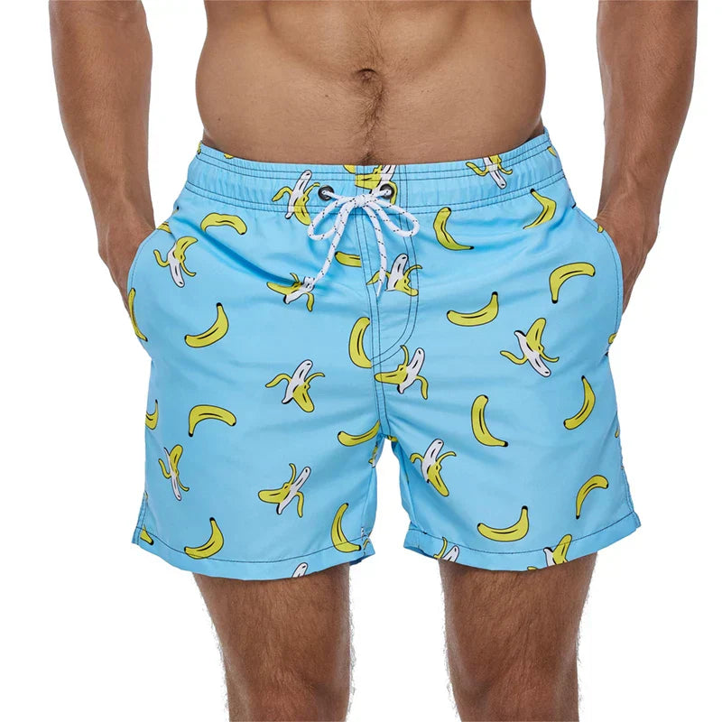 Sky blue banana print swim shorts for men with pockets and white drawstring waist