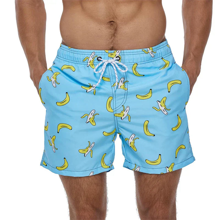 Sky blue banana print swim shorts for men with pockets and white drawstring waist