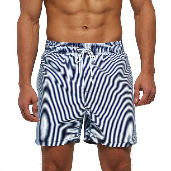 Blue and white pinstripe swim shorts with elastic drawstring waist and side pockets