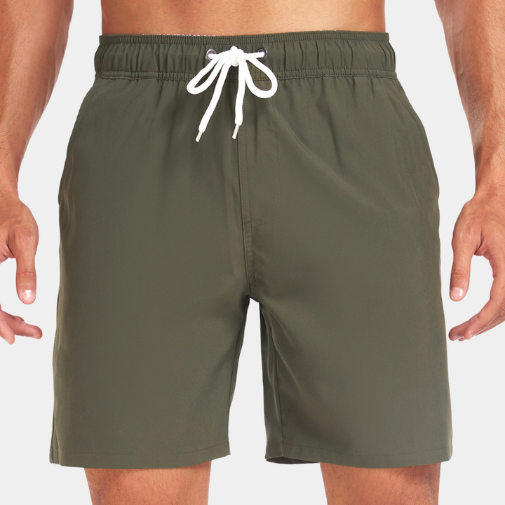 Olive green quick dry swim trunks with elastic waist and white drawstring, mens swimsuit front
