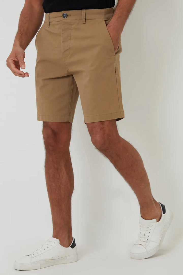 Khaki tan men’s regular fit chino shorts with belt loops, zip fly and side pockets