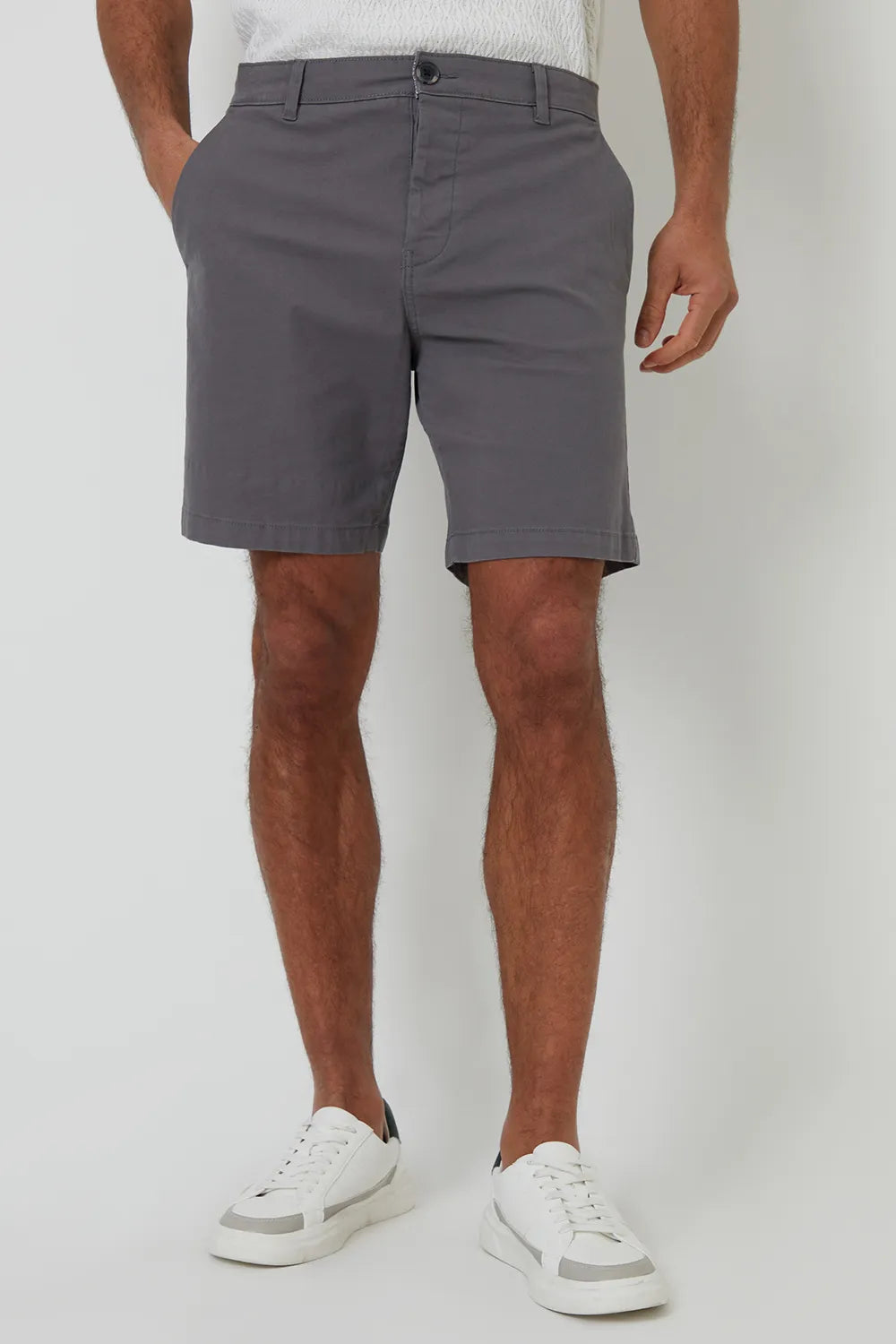Charcoal gray men’s chino shorts in regular fit with belt loops, zip fly and pockets