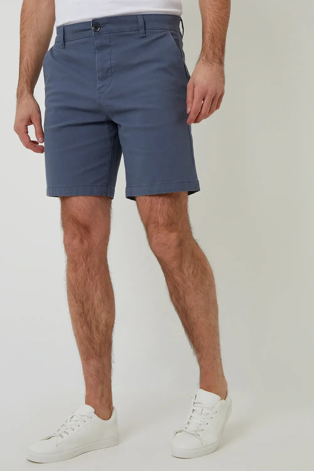 Slate blue men’s chino shorts regular fit with belt loops, zip fly and straight hem