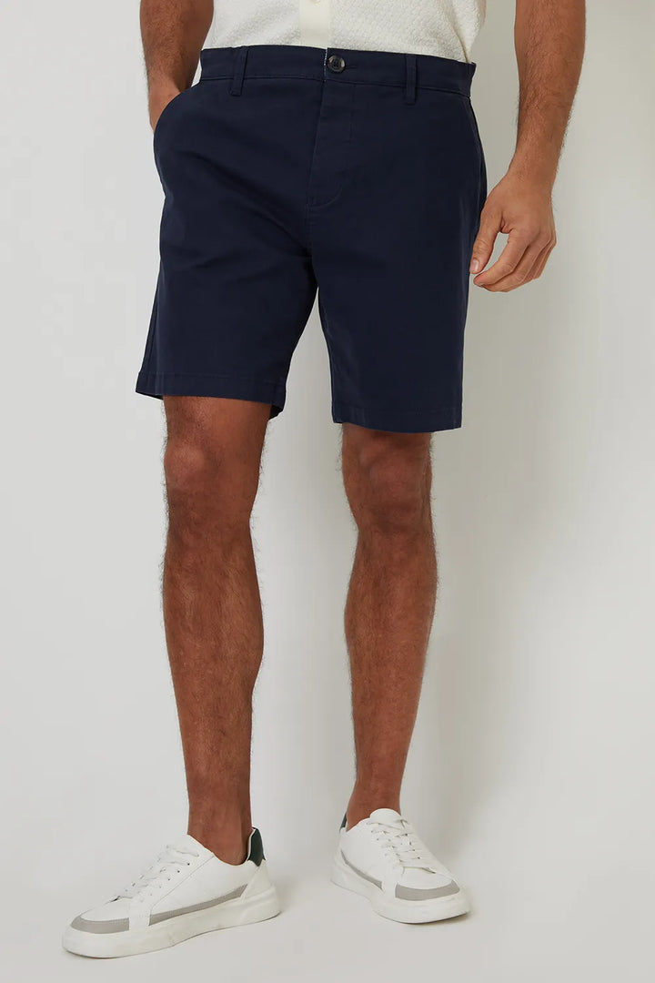 Navy regular fit chino shorts for men with belt loops, button closure and front pockets