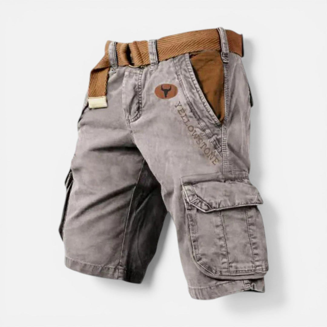 Gray men's relaxed cargo shorts with large pocket, belt, and casual fit