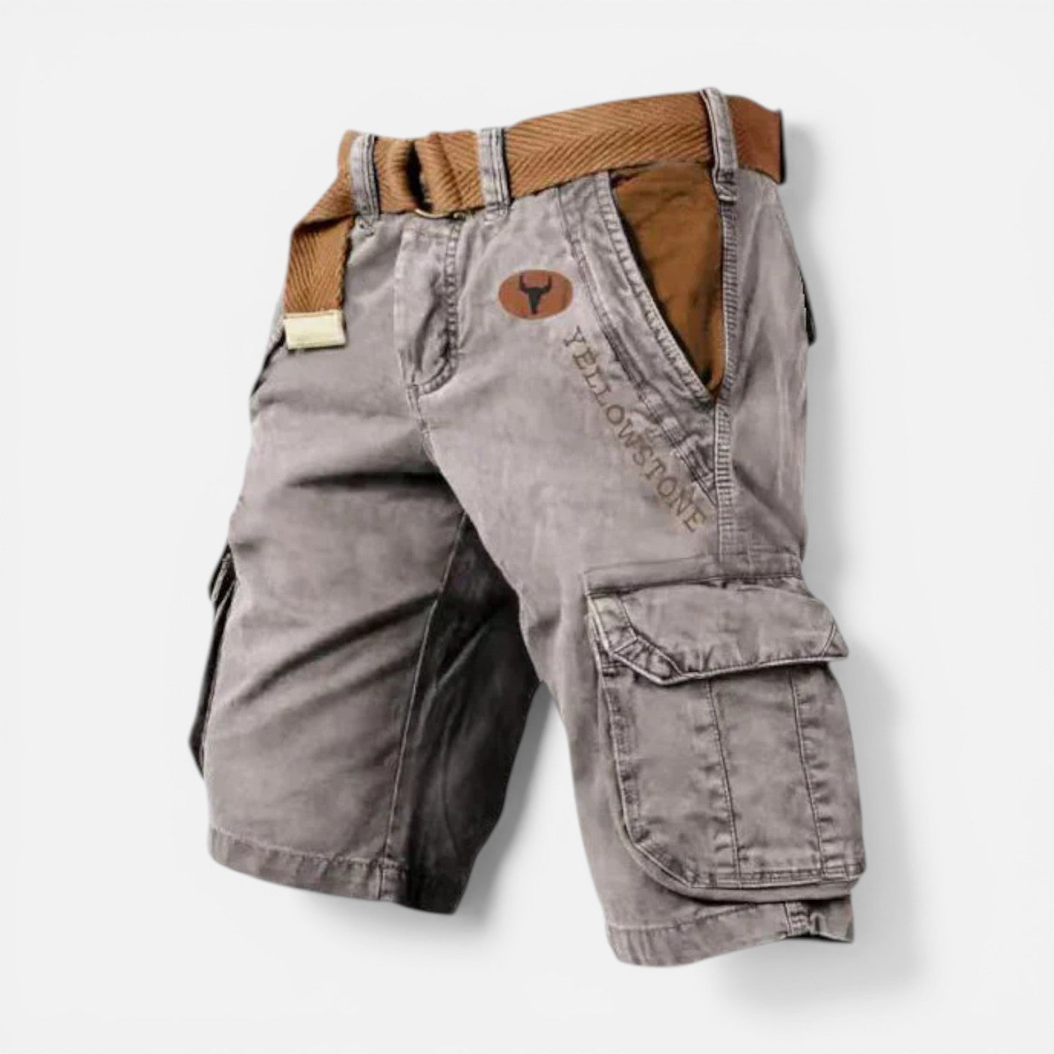 Gray men's relaxed cargo shorts with large pocket, belt, and casual fit