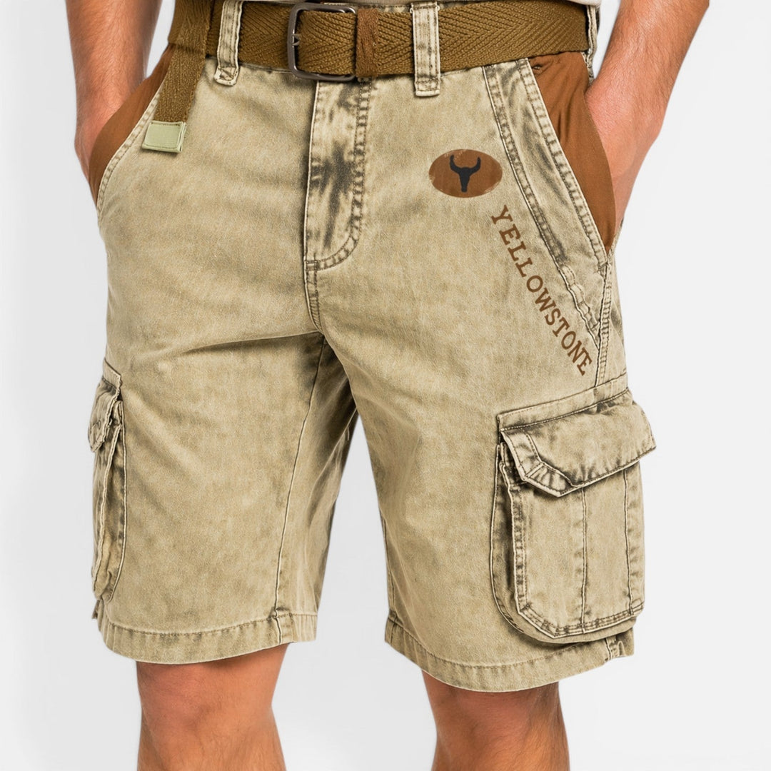 Beige men's cargo shorts with side pockets, belt loops, and relaxed fit