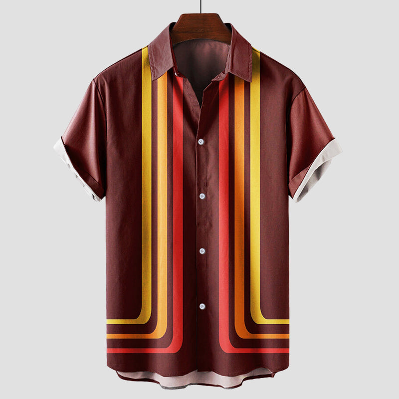 Maroon retro stripe button-up shirt with yellow and red vertical accents