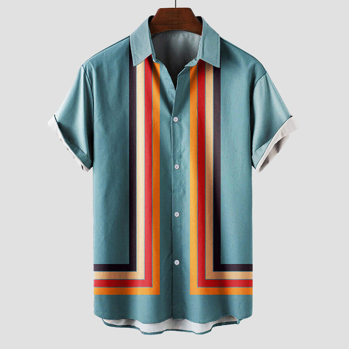 Light blue short sleeve shirt with multicolor retro stripes and button front