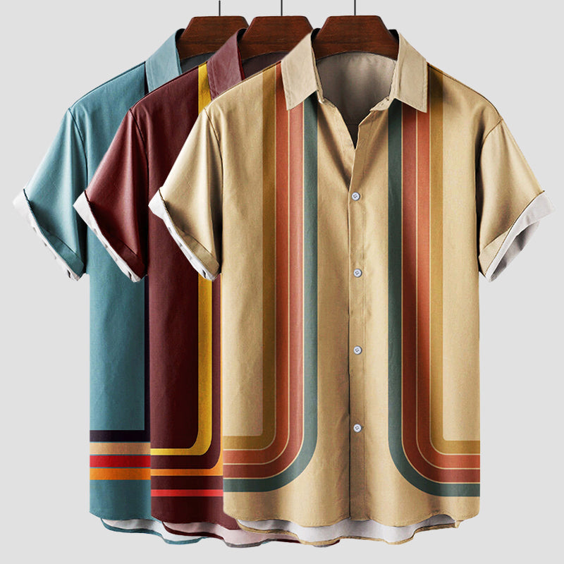Three men's retro stripe short sleeve shirts in blue, maroon, and beige